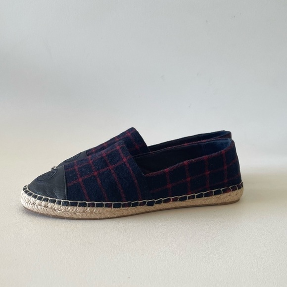 Tory Burch Shoe Espadrille Flat Plaid Check Wool Leather Holiday Blue Red 7.5 - Picture 4 of 13